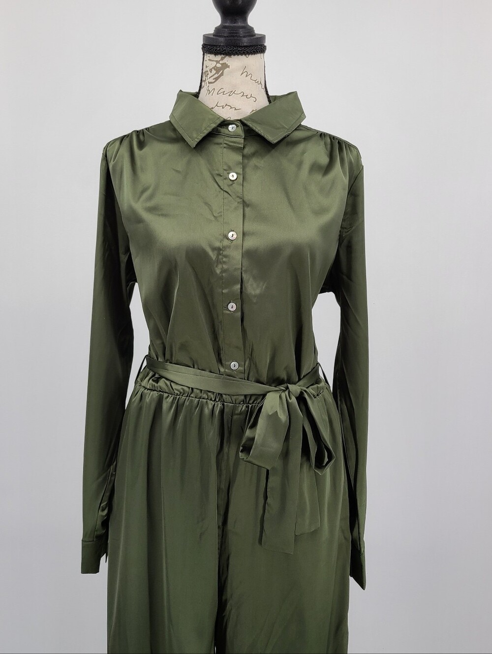 Unique Vintage's She + Sky Olive Satin Button-Up Tie-Waist Jumpsuit Size Medium